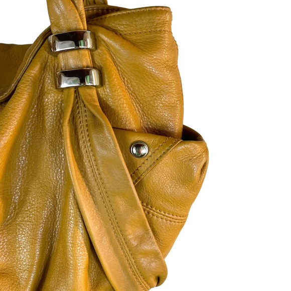 B. Makowsky Camel Leather Hobo w/ Braided Handle Magnetic Closure Leopard Lining - Picture 7 of 15
